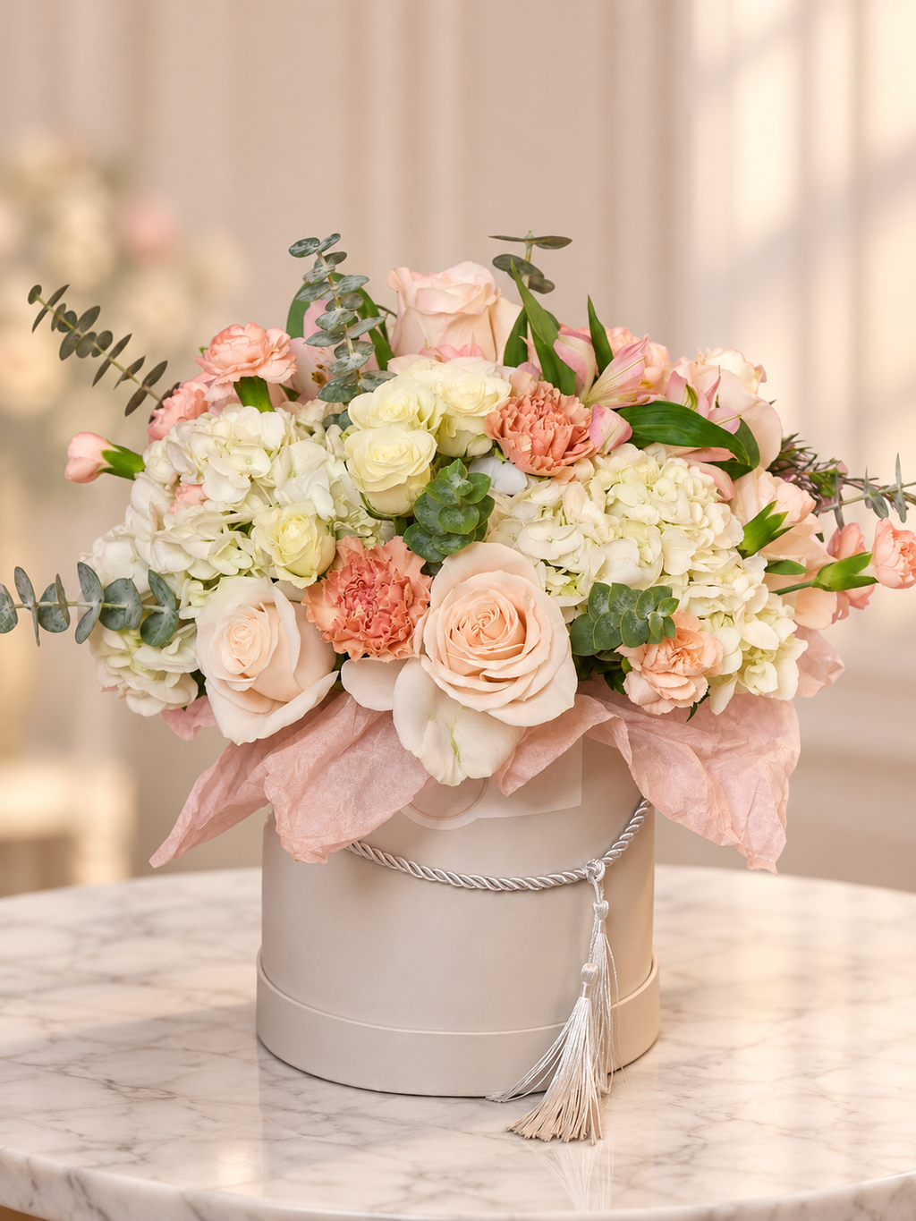 Blush Elegance luxury flower hat box front view in warm studio setting