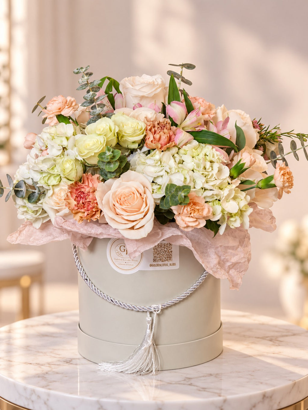 Blush Elegance luxury flower hat box with roses, hydrangeas and lilies