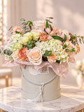 Blush Elegance luxury flower hat box with roses, hydrangeas and lilies