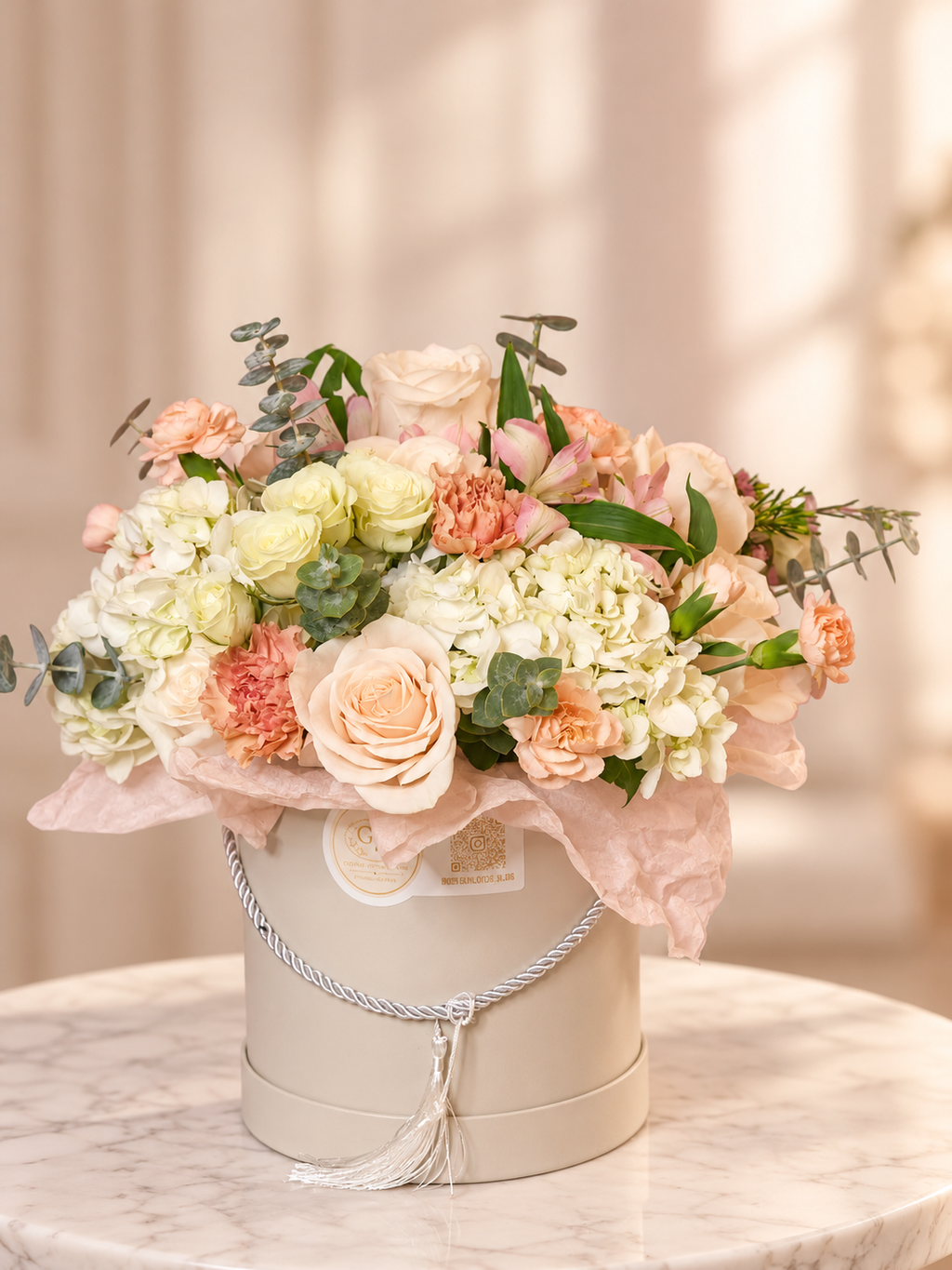 Blush Elegance luxury flower hat box side view in warm studio setting
