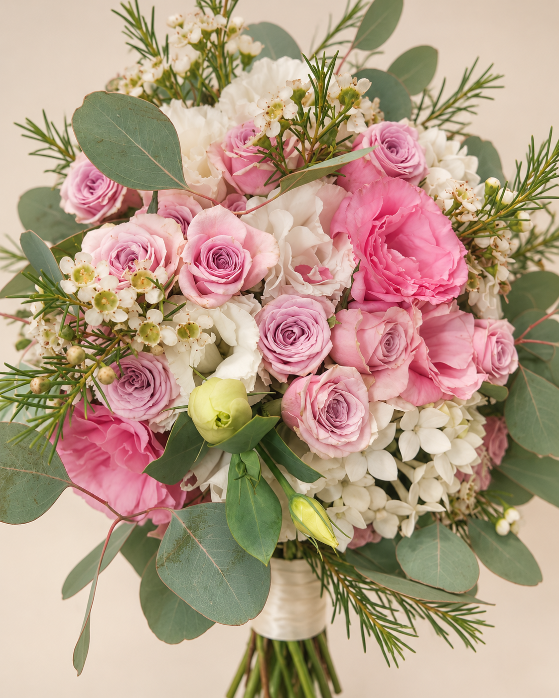 Close-up of blush roses, ivory flowers and eucalyptus in a bridal bouquet