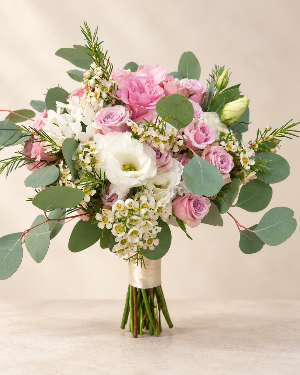 Blush pink and ivory bridal bouquet with roses, white flowers and eucalyptus