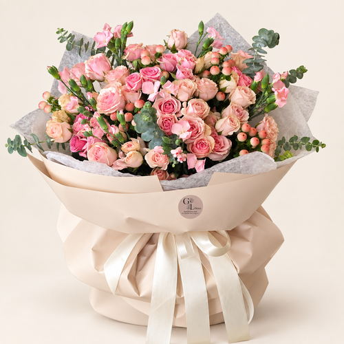 Large blush rose bouquet with eucalyptus and elegant wrapping by Golden Lotus Bliss