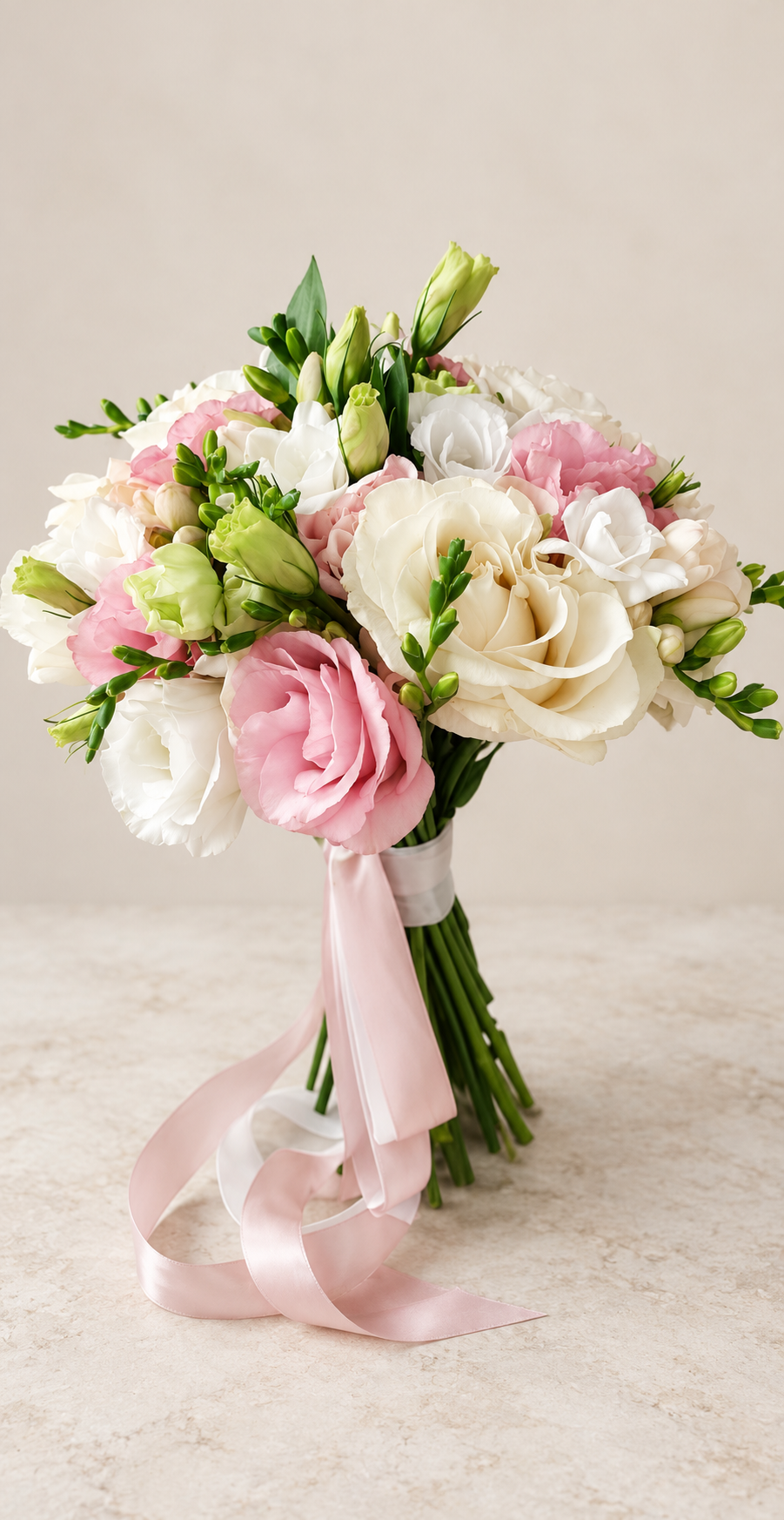 Blush and ivory bridal bouquet with roses lisianthus and freesia near Sacramento