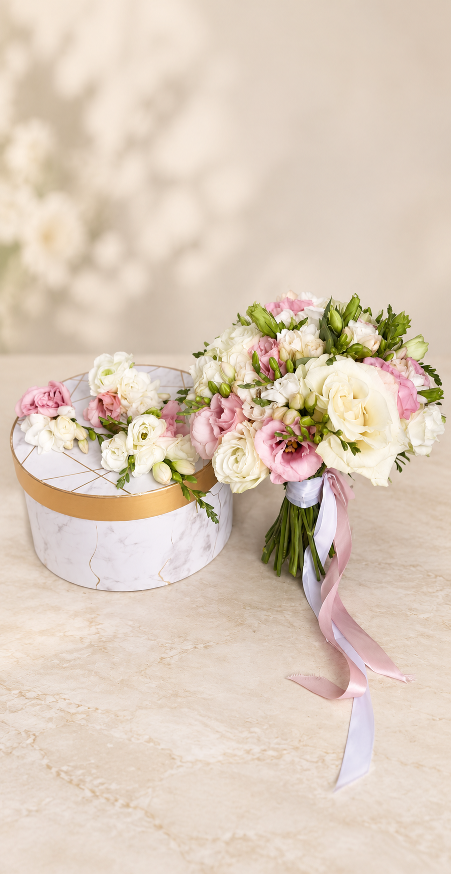 Blush and ivory wedding bouquet with boutonniere set in Folsom California