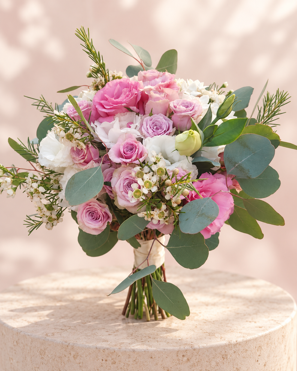 Blush pink and lilac wedding bouquet with eucalyptus in Folsom CA