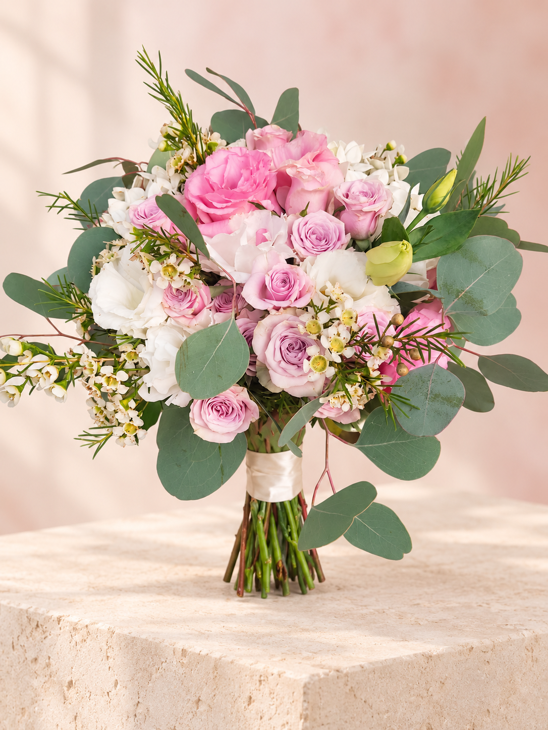 Hand-tied pink and lilac bridal bouquet with eucalyptus studio view