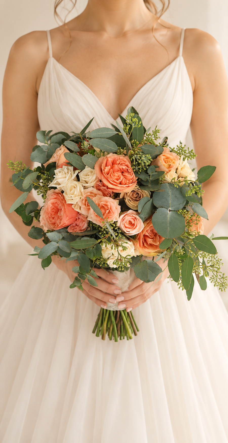 Bride holding coral and ivory garden rose wedding bouquet near Sacramento