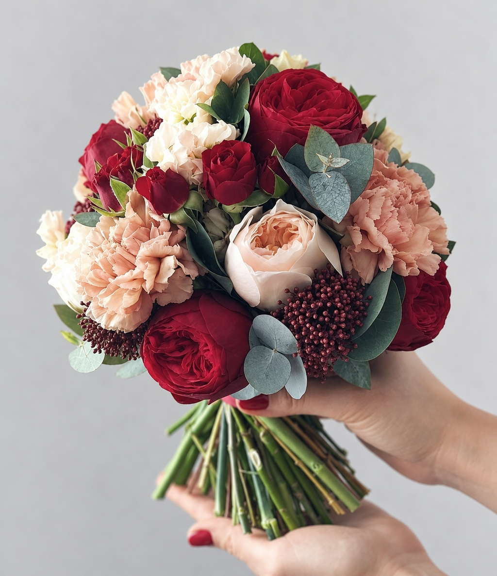 Close view of burgundy and blush bridal bouquet with eucalyptus