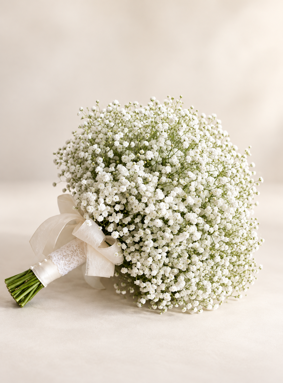 White baby's breath bridal bouquet in a warm ivory studio setting