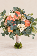Coral garden rose wedding bouquet with eucalyptus in Folsom California