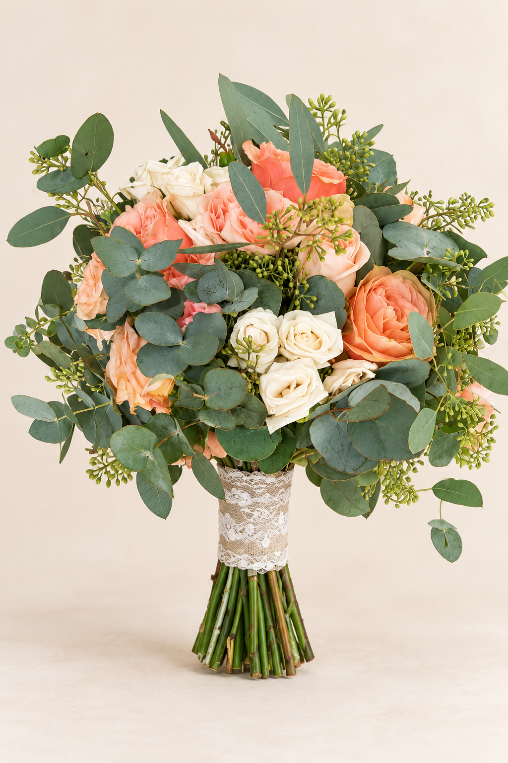 Coral and ivory bridal bouquet with garden roses and eucalyptus