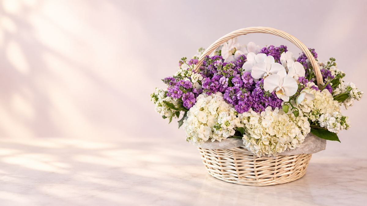 Lavender and ivory orchid flower basket by Golden Lotus Bliss
