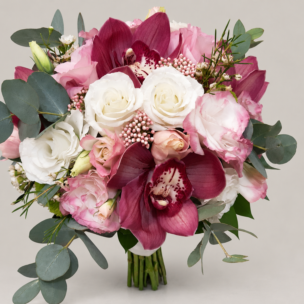 Orchid Romance bridal bouquet with burgundy orchids, blush and white flowers, and eucalyptus