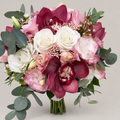 Orchid Romance bridal bouquet with burgundy orchids, blush and white flowers, and eucalyptus
