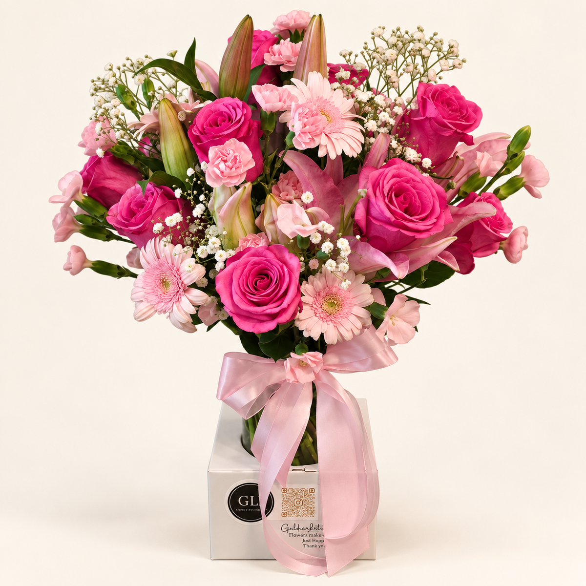 Pink roses and lilies vase arrangement by Golden Lotus Bliss