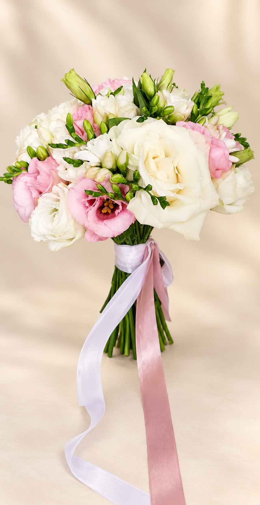 Romantic pink and white wedding bouquet with satin ribbons in Folsom