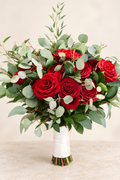 Red rose and eucalyptus bridal bouquet by Golden Lotus Bliss in Folsom CA