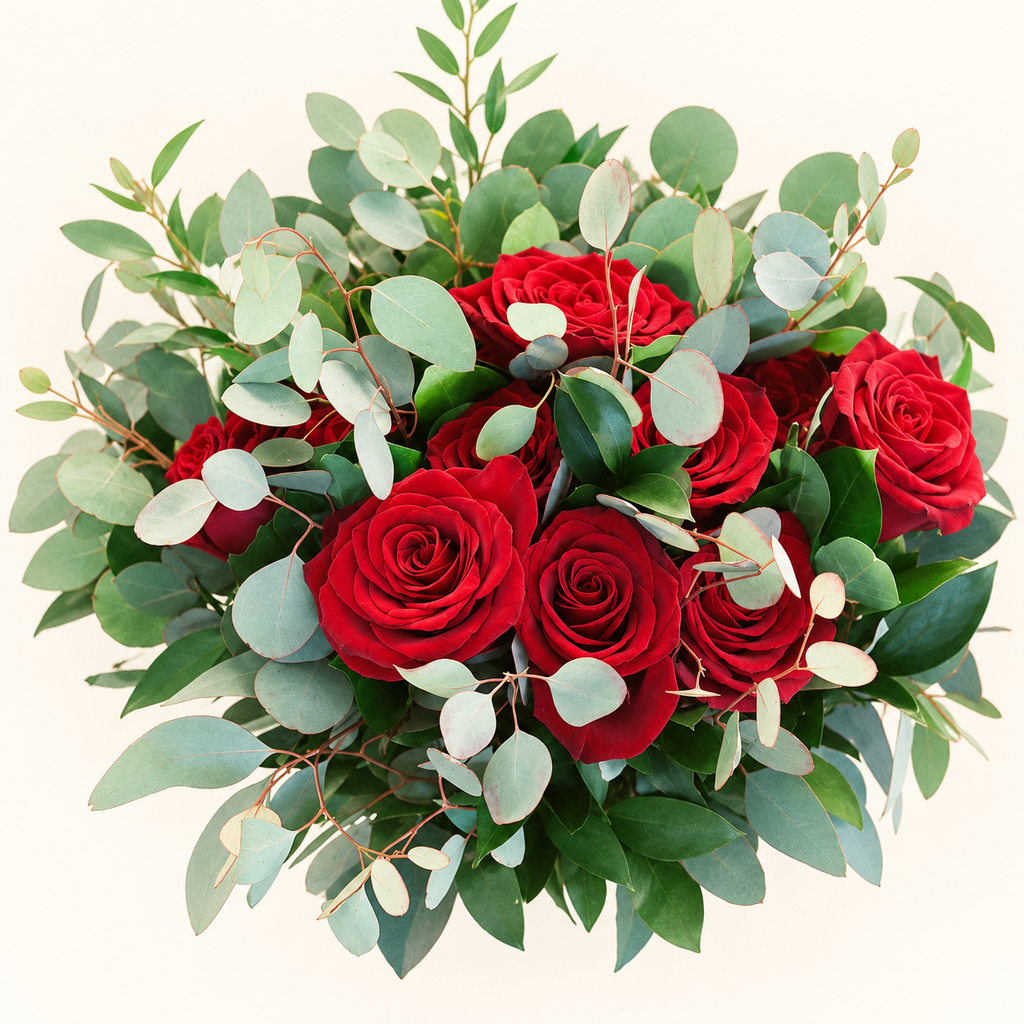 Red rose eucalyptus wedding bouquet photographed from above